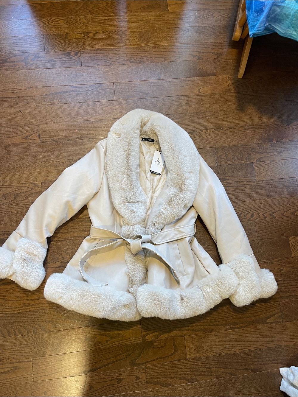 Cream Faux-Fur Trimmed Belted Trench Coat, faux leather